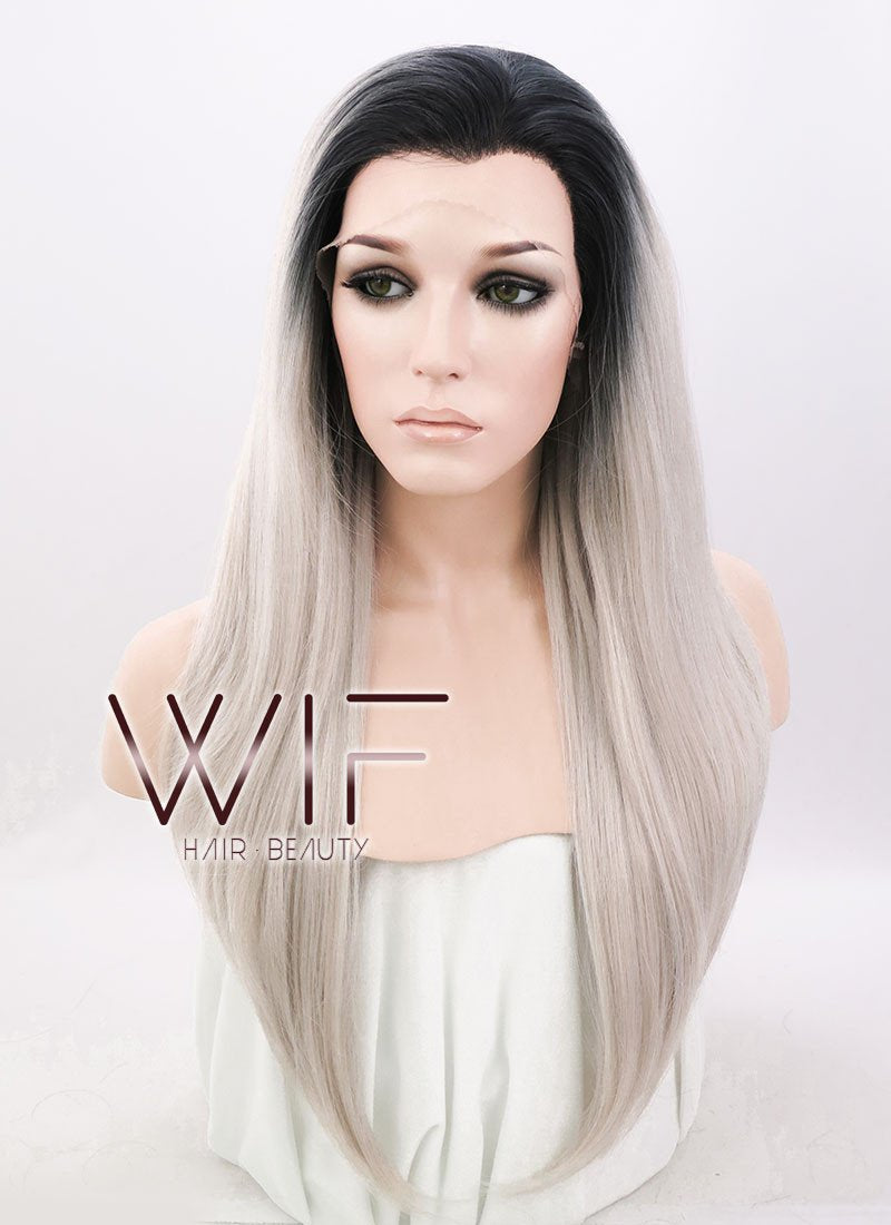 24" Straight Ash Grey With Dark Roots Lace Front Synthetic Wig LF371