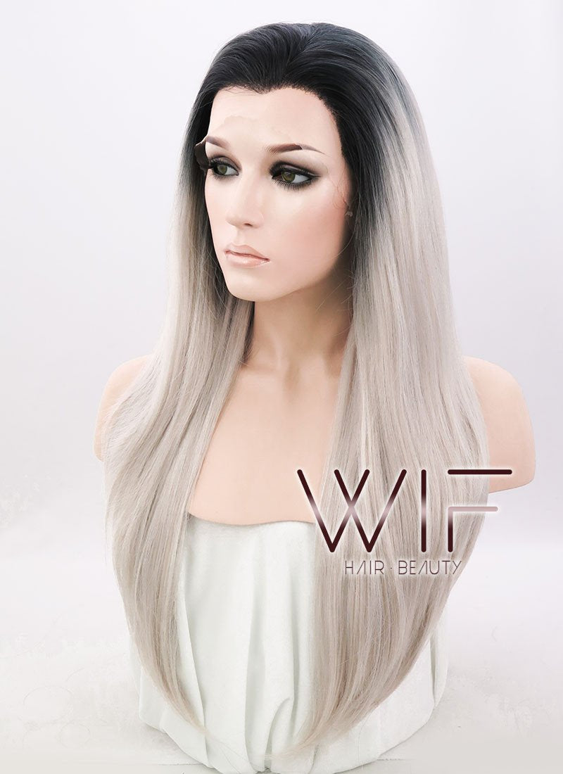24" Straight Ash Grey With Dark Roots Lace Front Synthetic Wig LF371