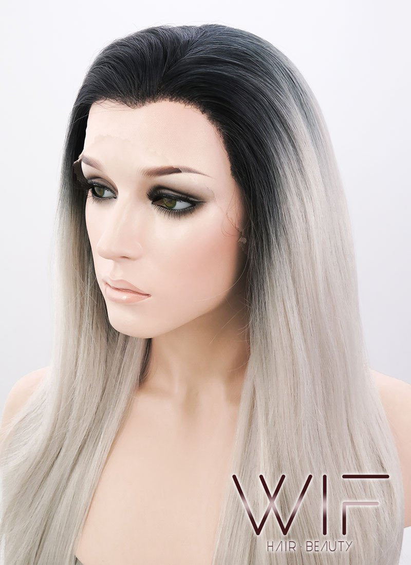 24" Straight Ash Grey With Dark Roots Lace Front Synthetic Wig LF371