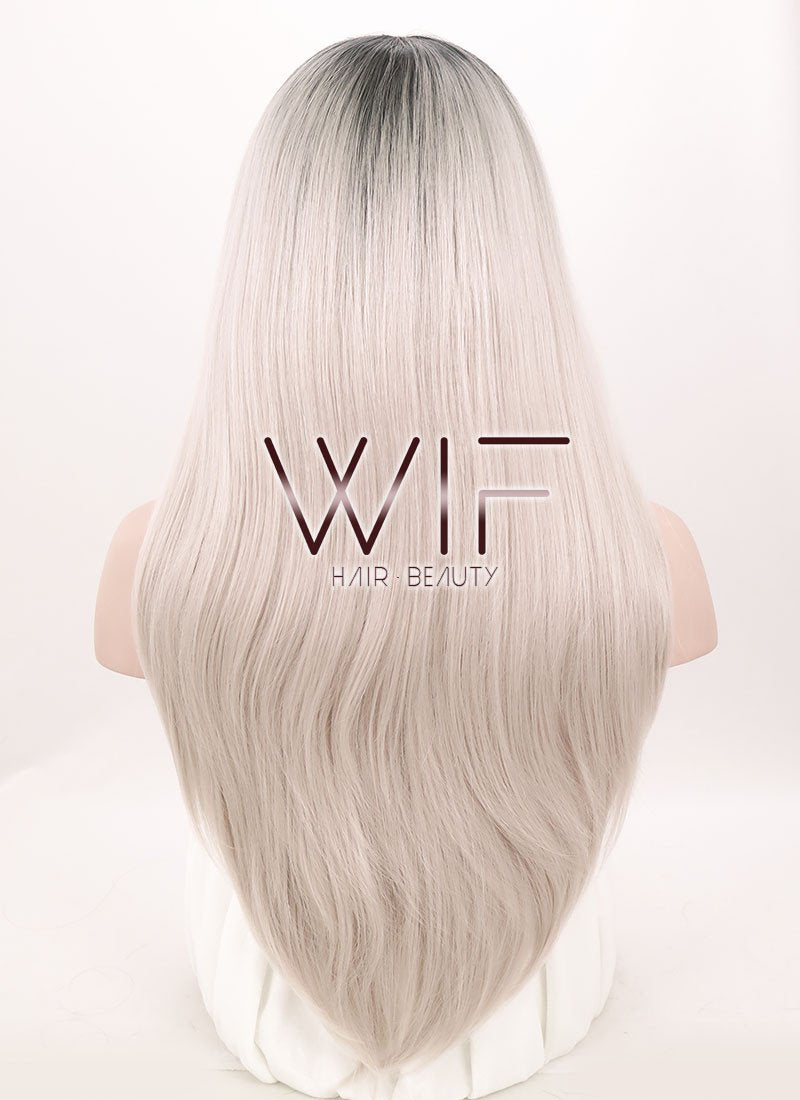 24" Straight Ash Grey With Dark Roots Lace Front Synthetic Wig LF371
