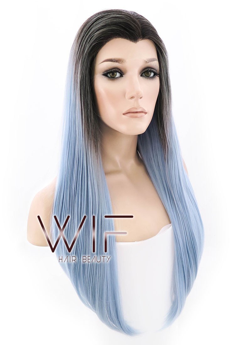 24" Long Straight Light Blue With Brown Roots Lace Front Synthetic Hair Wig LF398