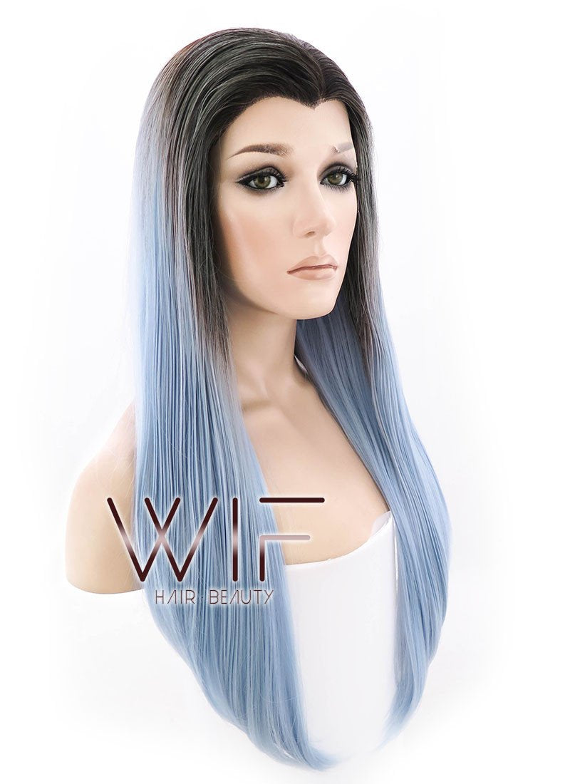 24" Long Straight Light Blue With Brown Roots Lace Front Synthetic Hair Wig LF398