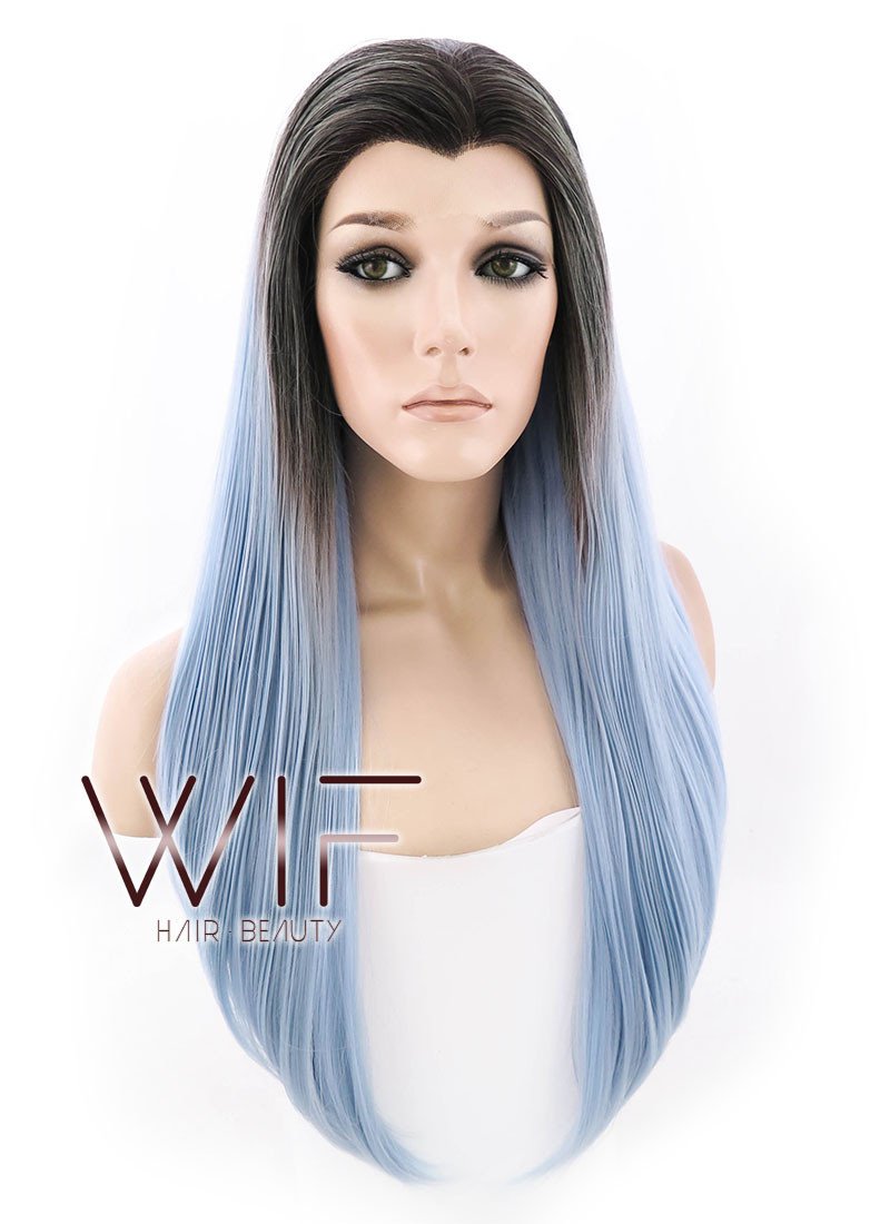 24" Long Straight Light Blue With Brown Roots Lace Front Synthetic Hair Wig LF398
