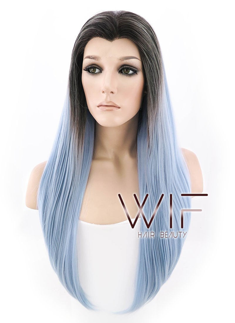 24" Long Straight Light Blue With Brown Roots Lace Front Synthetic Hair Wig LF398