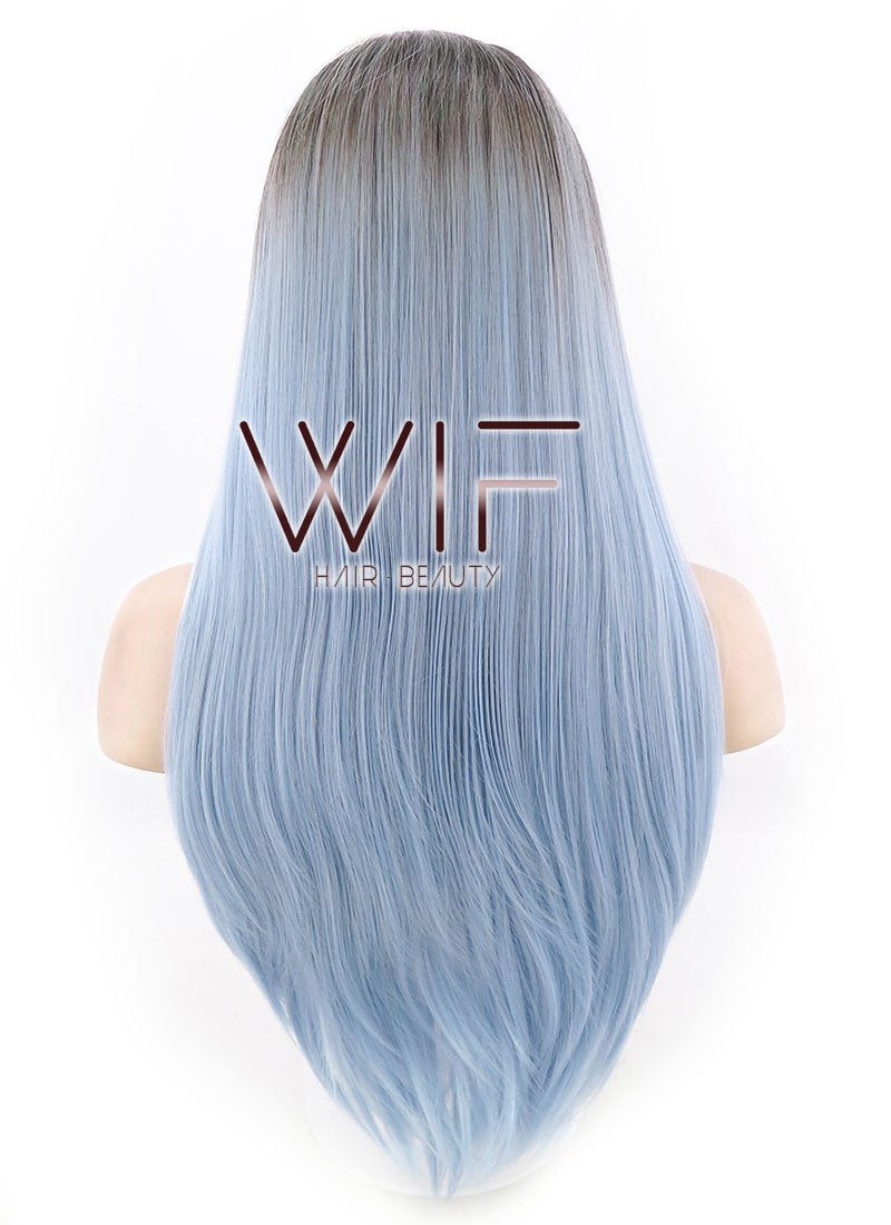 24" Long Straight Light Blue With Brown Roots Lace Front Synthetic Hair Wig LF398