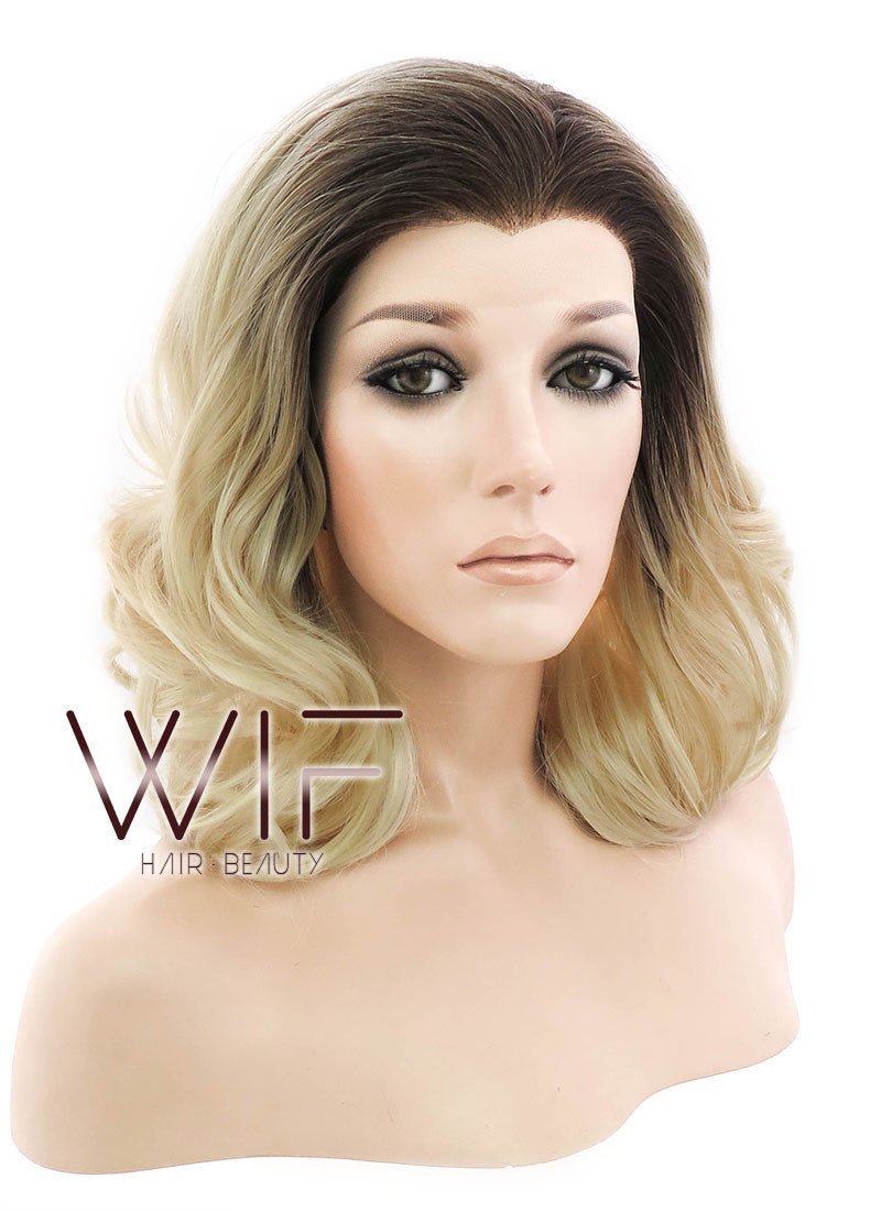16" Medium Curly Light Blonde With Brown Roots Ombre Lace Front Synthetic Hair Wig LF402