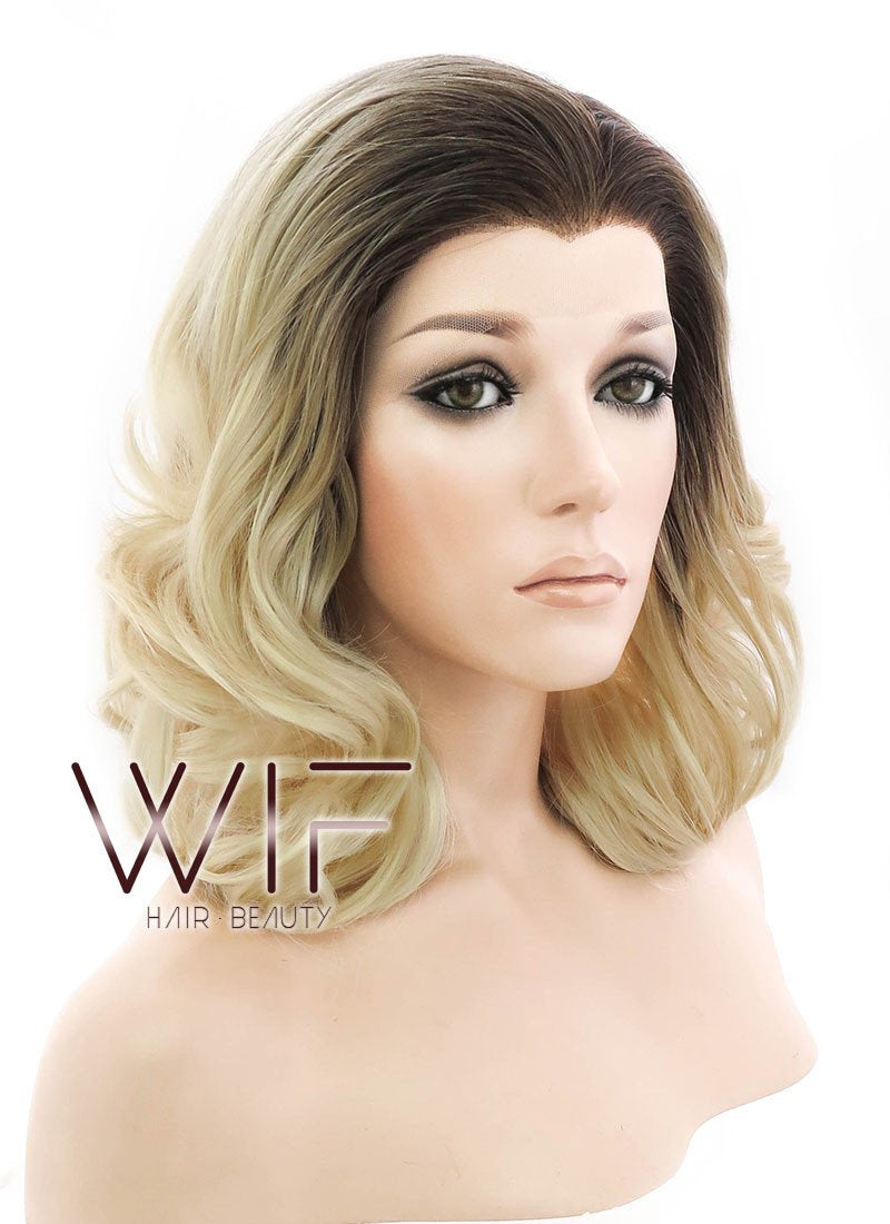 16" Medium Curly Light Blonde With Brown Roots Ombre Lace Front Synthetic Hair Wig LF402