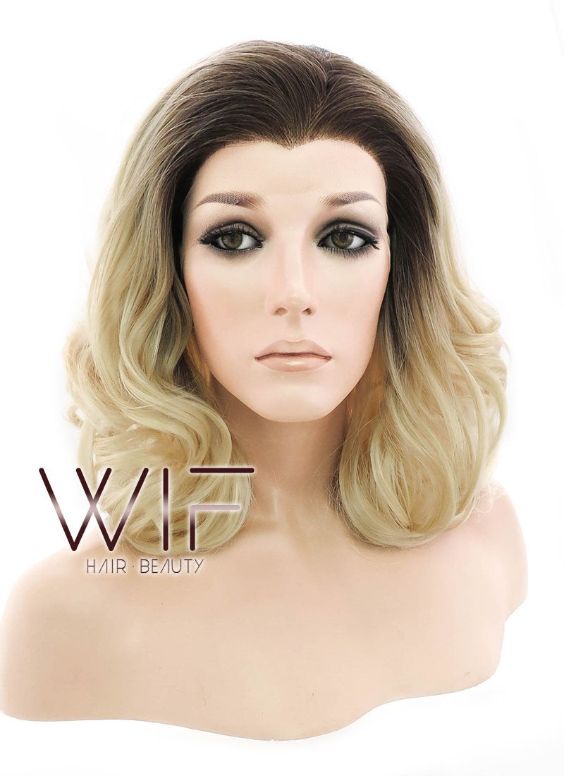 16" Medium Curly Light Blonde With Brown Roots Ombre Lace Front Synthetic Hair Wig LF402
