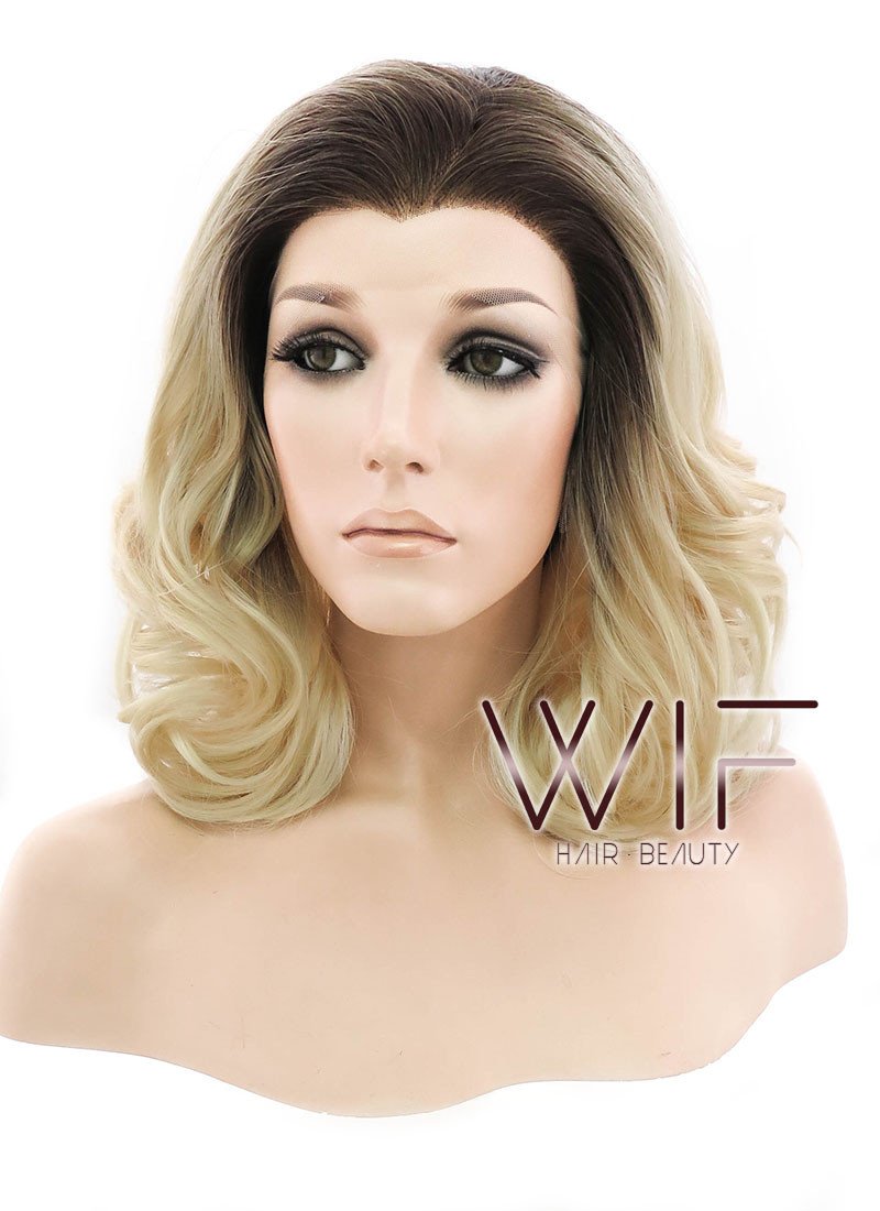 16" Medium Curly Light Blonde With Brown Roots Ombre Lace Front Synthetic Hair Wig LF402