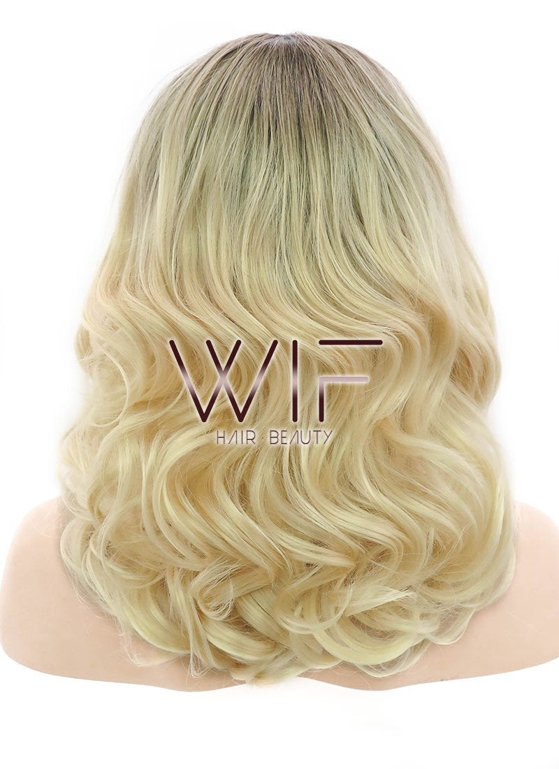 16" Medium Curly Light Blonde With Brown Roots Ombre Lace Front Synthetic Hair Wig LF402