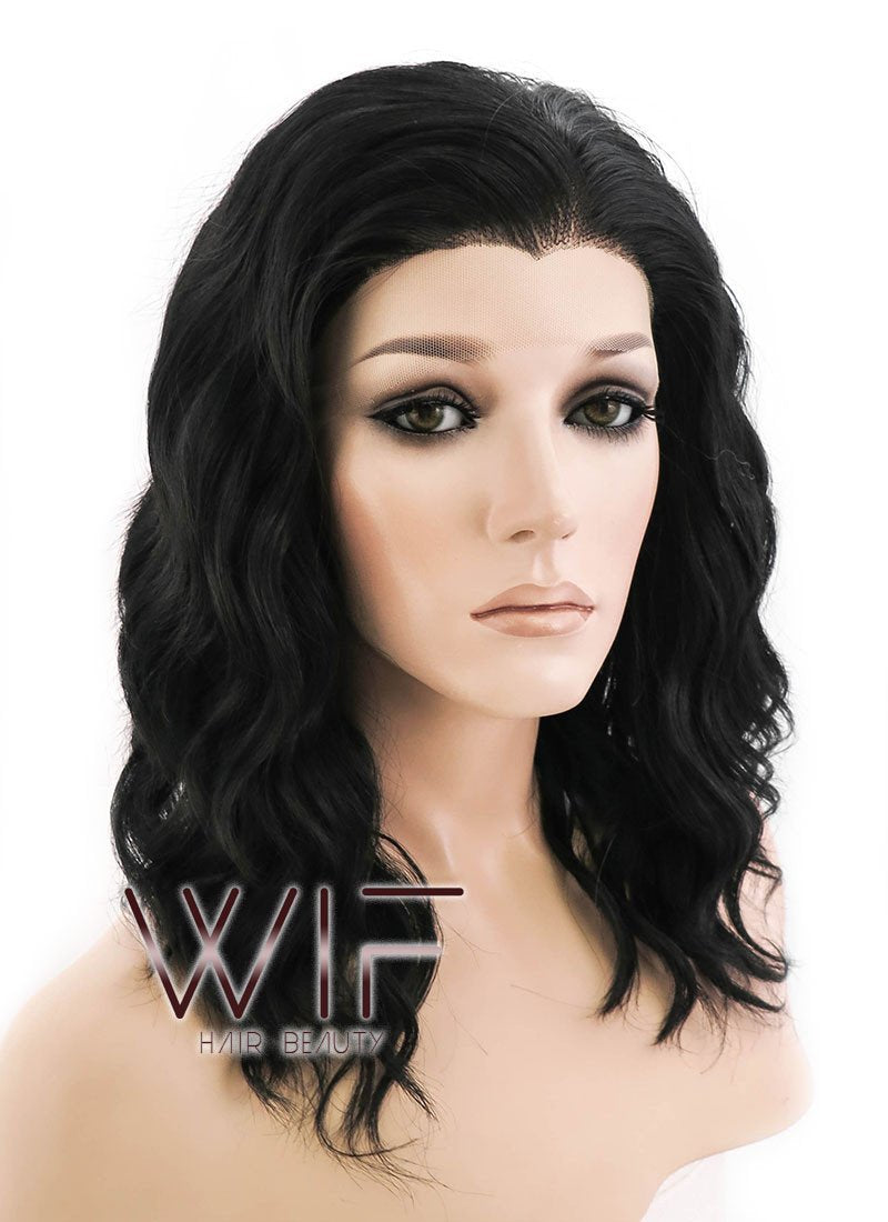 14" Medium Curly Black Lace Front Synthetic Hair Wig LF406
