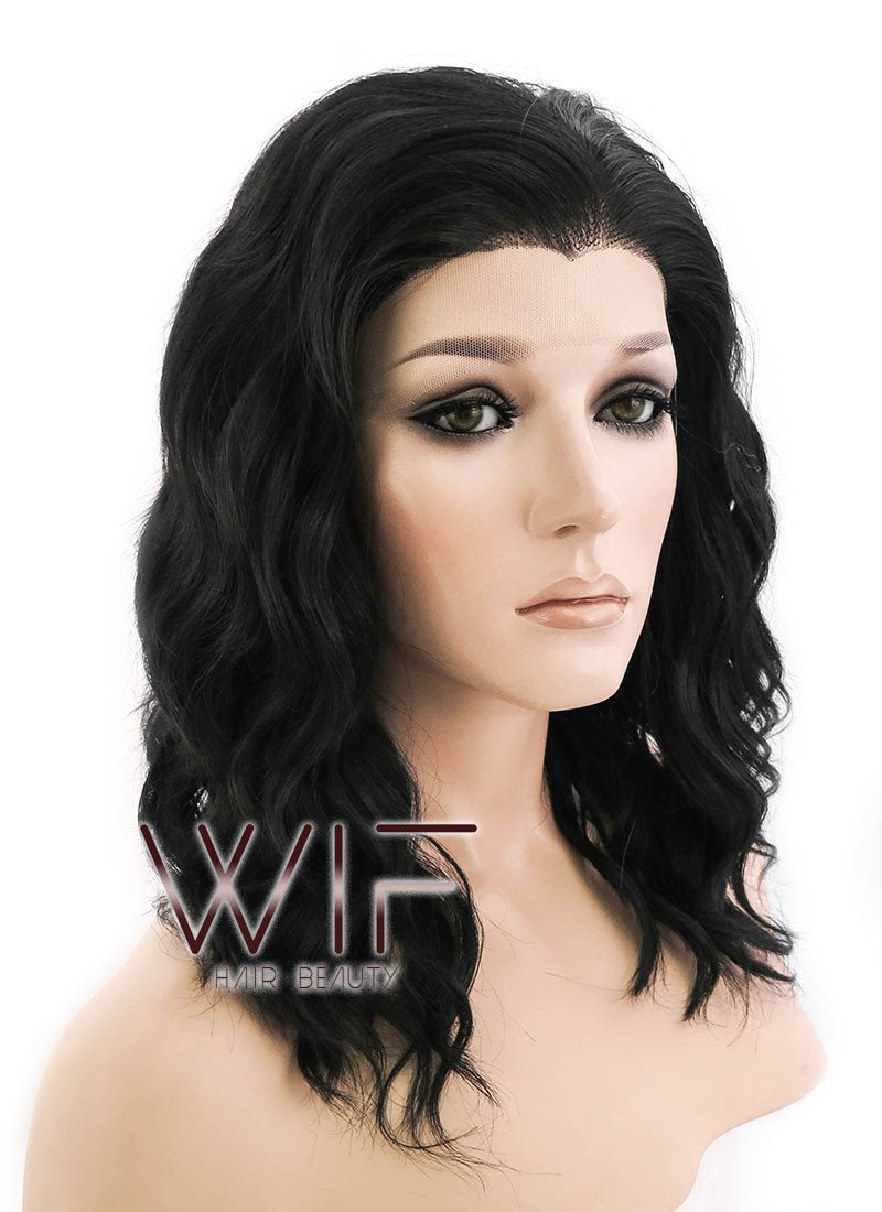 14" Medium Curly Black Lace Front Synthetic Hair Wig LF406
