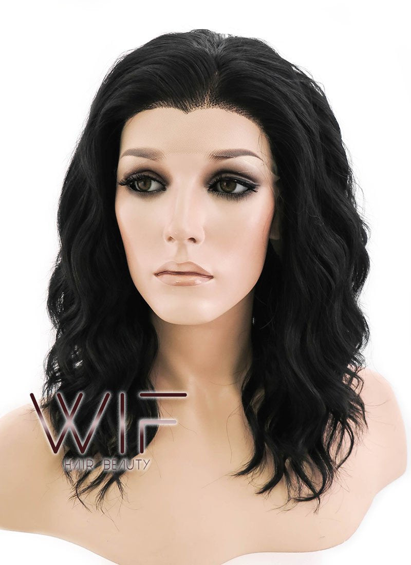 14" Medium Curly Black Lace Front Synthetic Hair Wig LF406