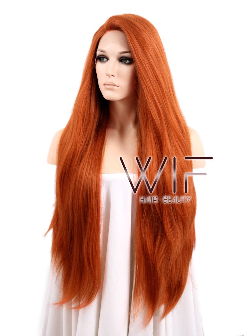 18" / 24" / 28" Long Straight Yaki Reddish Orange Customizable Lace Front Synthetic Hair Wig LF624