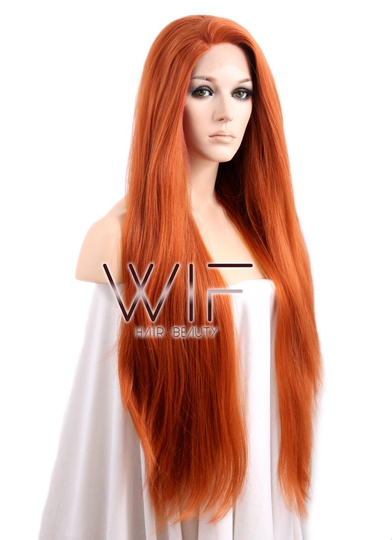 18" / 24" / 28" Long Straight Yaki Reddish Orange Customizable Lace Front Synthetic Hair Wig LF624