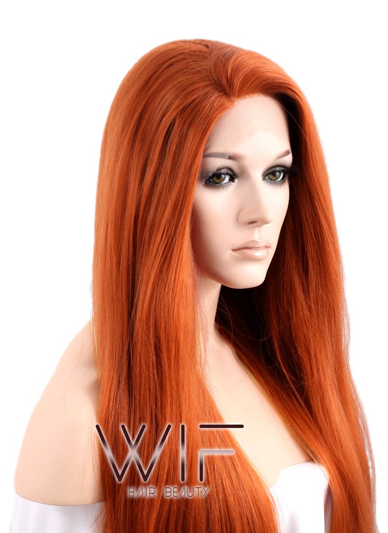 18" / 24" / 28" Long Straight Yaki Reddish Orange Customizable Lace Front Synthetic Hair Wig LF624