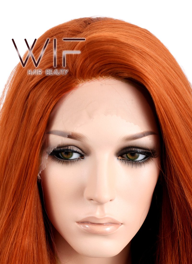 18" / 24" / 28" Long Straight Yaki Reddish Orange Customizable Lace Front Synthetic Hair Wig LF624