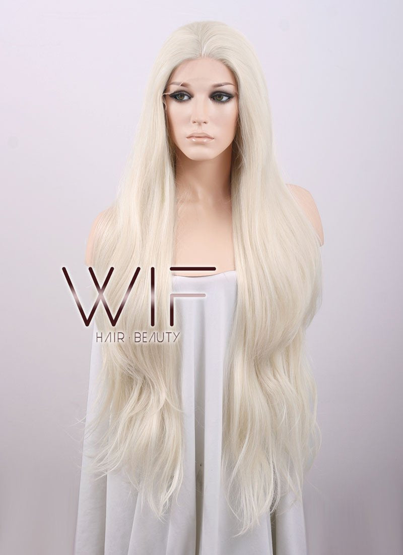 28" Long Wavy Platinum Blonde Customizable Lace Front Synthetic Hair Wig LF640D
