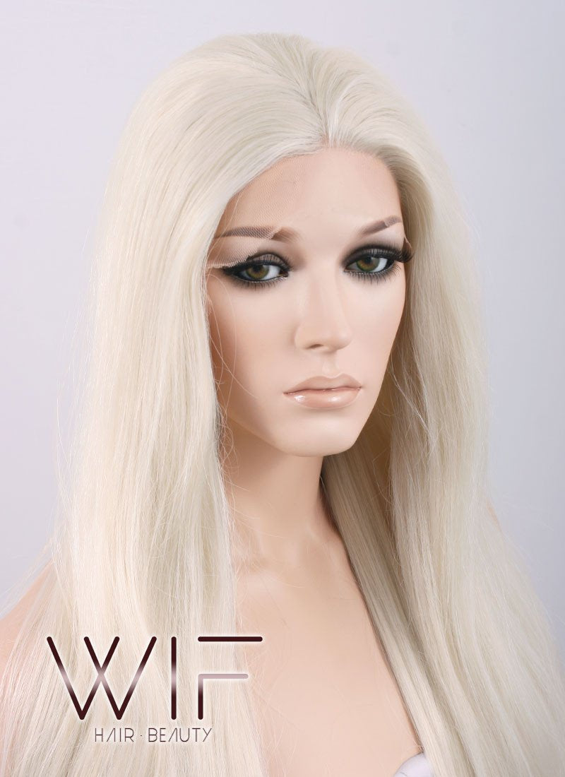 28" Long Wavy Platinum Blonde Customizable Lace Front Synthetic Hair Wig LF640D