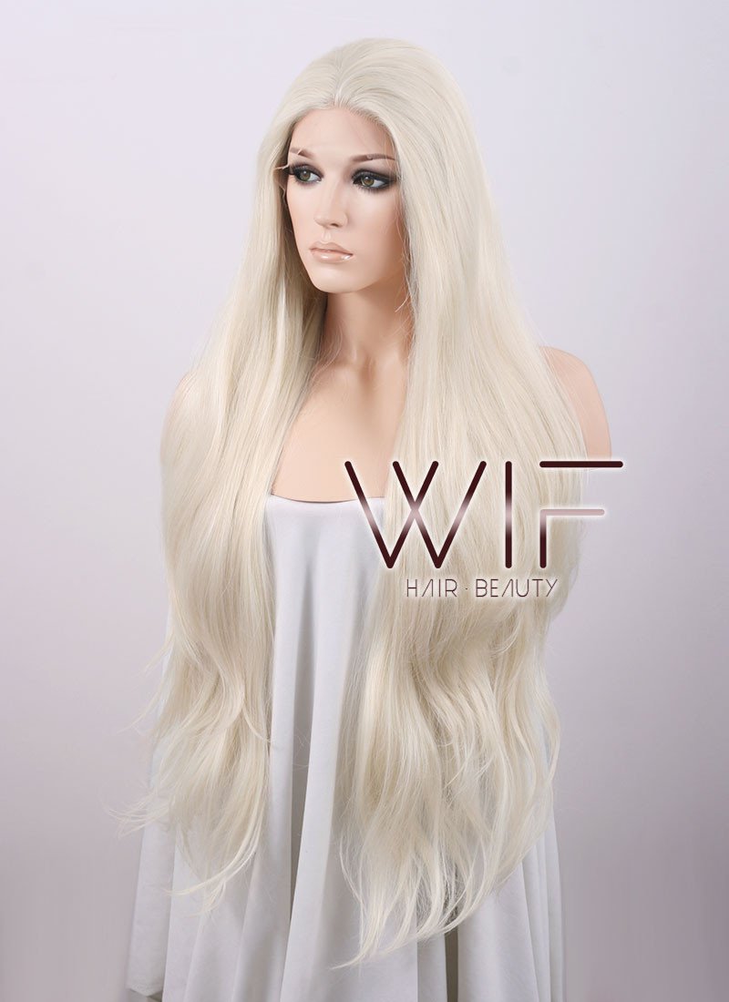 28" Long Wavy Platinum Blonde Customizable Lace Front Synthetic Hair Wig LF640D