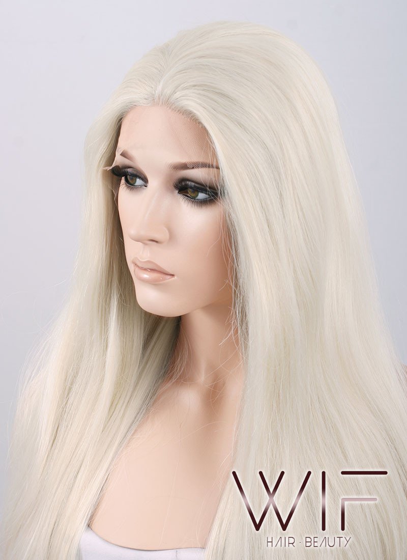 28" Long Wavy Platinum Blonde Customizable Lace Front Synthetic Hair Wig LF640D