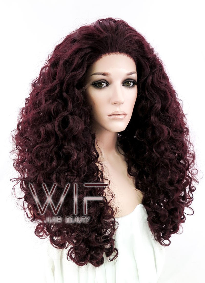 26" Long Spiral Curly Burgundy Customizable Made-To-Order Lace Front Synthetic Hair Wig LF663L