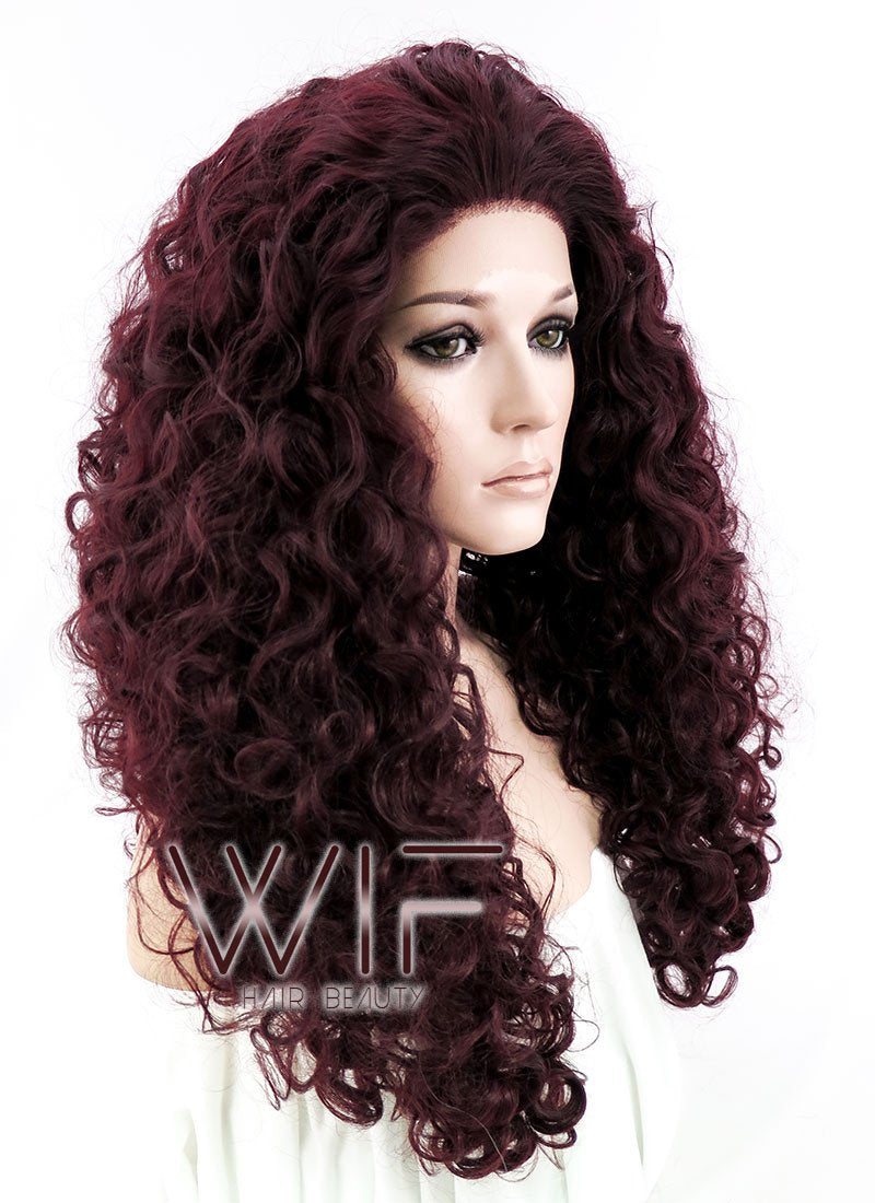 26" Long Spiral Curly Burgundy Customizable Made-To-Order Lace Front Synthetic Hair Wig LF663L