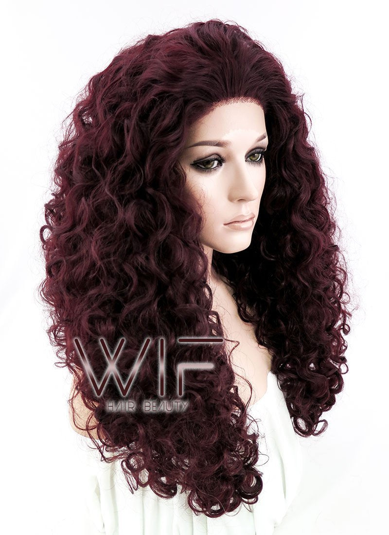 26" Long Spiral Curly Burgundy Customizable Made-To-Order Lace Front Synthetic Hair Wig LF663L