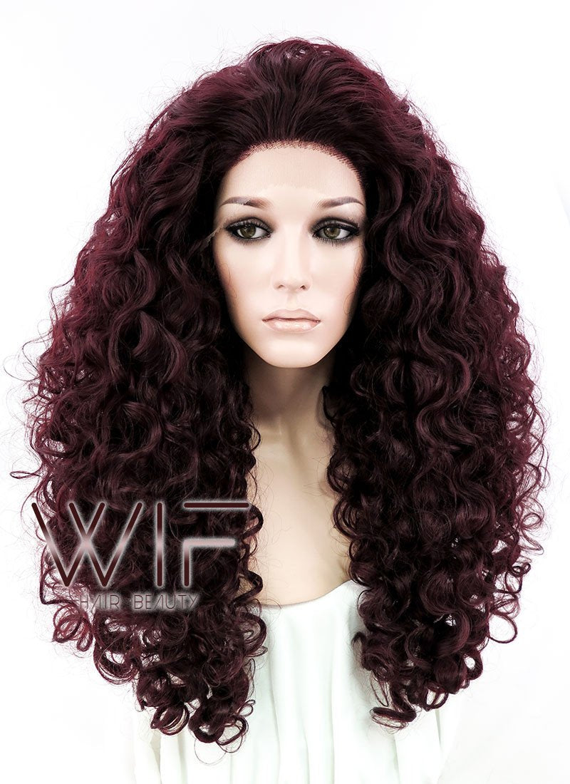 26" Long Spiral Curly Burgundy Customizable Made-To-Order Lace Front Synthetic Hair Wig LF663L