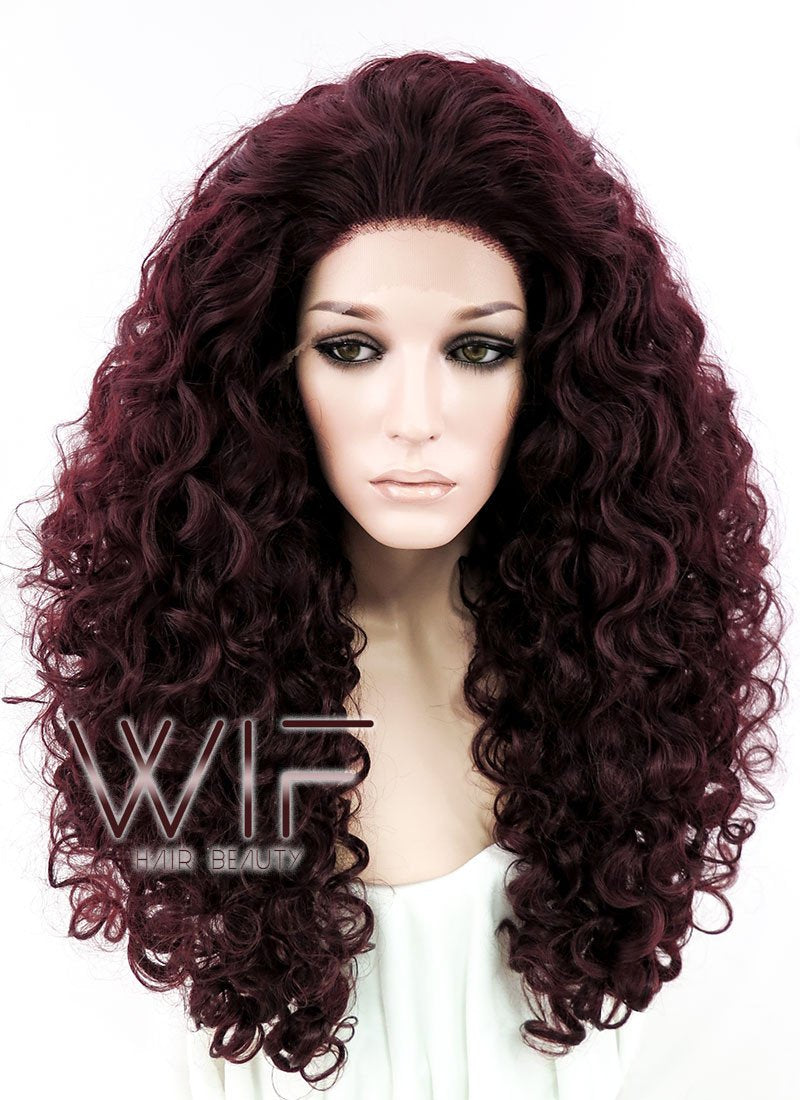 26" Long Spiral Curly Burgundy Customizable Made-To-Order Lace Front Synthetic Hair Wig LF663L