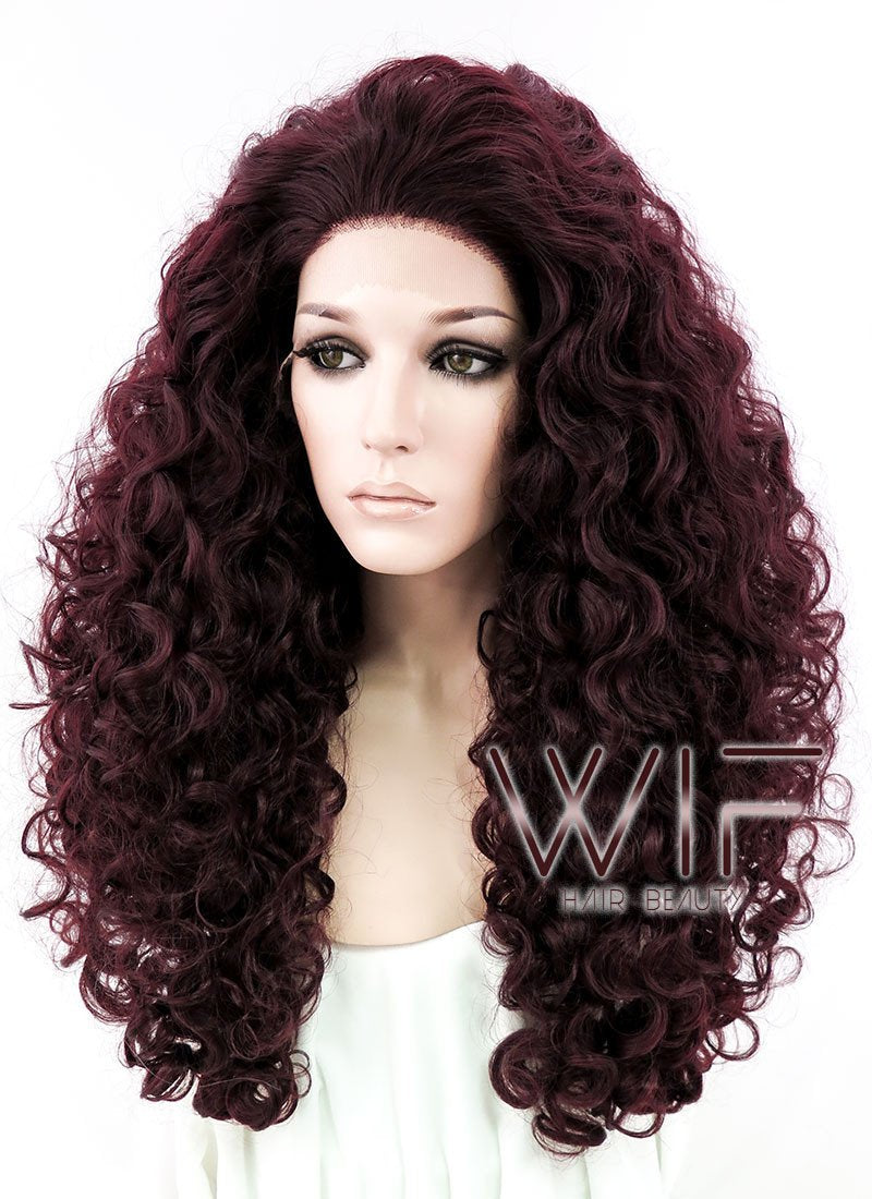 26" Long Spiral Curly Burgundy Customizable Made-To-Order Lace Front Synthetic Hair Wig LF663L
