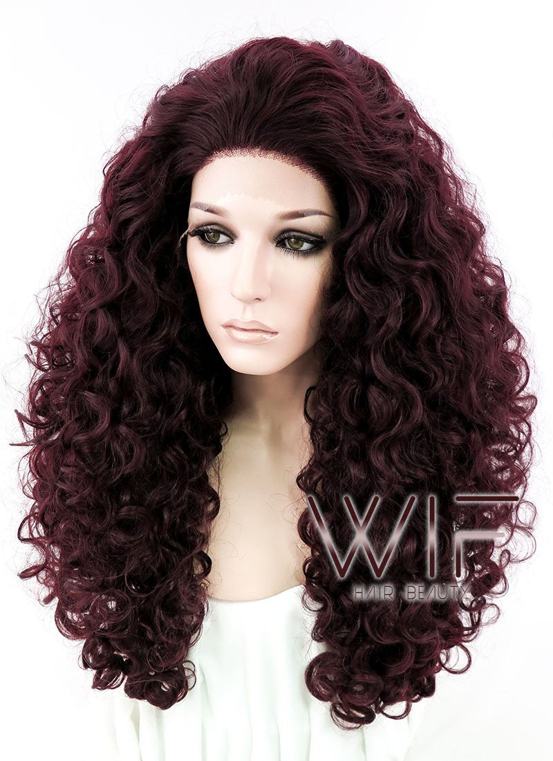 26" Long Spiral Curly Burgundy Customizable Made-To-Order Lace Front Synthetic Hair Wig LF663L