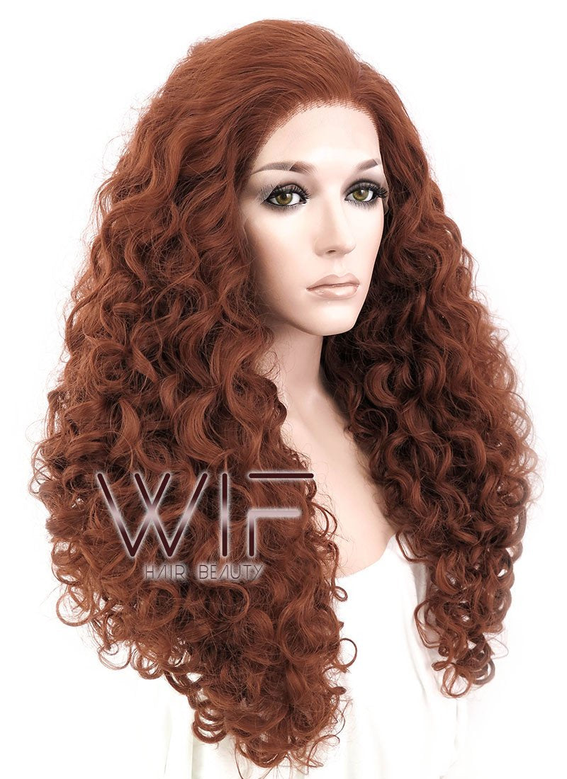 26" Spiral Curly Reddish Brown Lace Front Synthetic Wig LF663