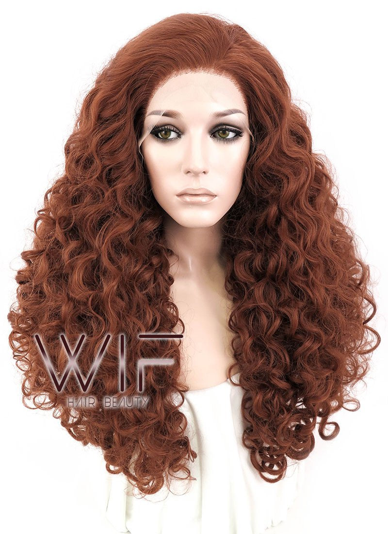 26" Spiral Curly Reddish Brown Lace Front Synthetic Wig LF663
