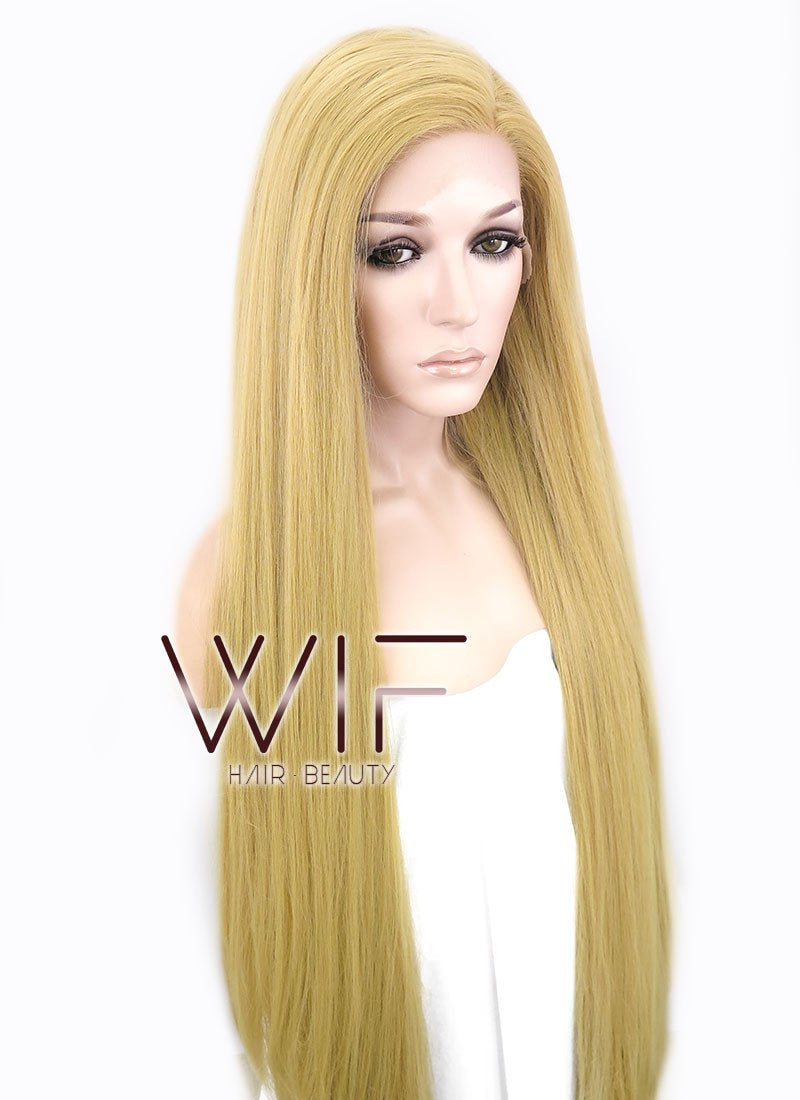 39" Long Straight Yaki Blonde Customizable Made-To-Order Lace Front Synthetic Hair Wig LF701S