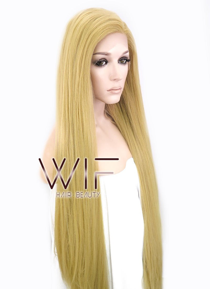 39" Long Straight Yaki Blonde Customizable Made-To-Order Lace Front Synthetic Hair Wig LF701S