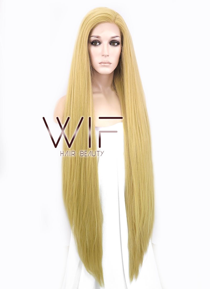 39" Long Straight Yaki Blonde Customizable Made-To-Order Lace Front Synthetic Hair Wig LF701S
