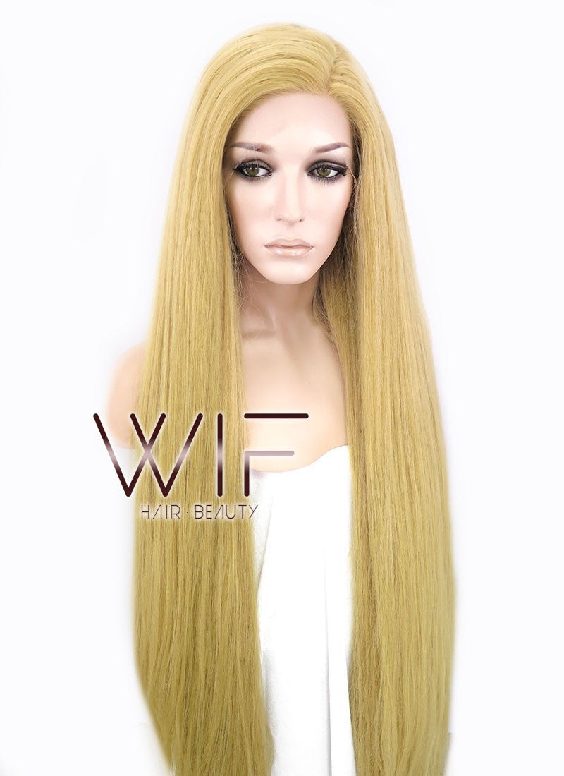 39" Long Straight Yaki Blonde Customizable Made-To-Order Lace Front Synthetic Hair Wig LF701S