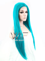 28" Long Wavy Turquoise Blue Customizable Made-To-Order Lace Front Synthetic Hair Wig LF714A
