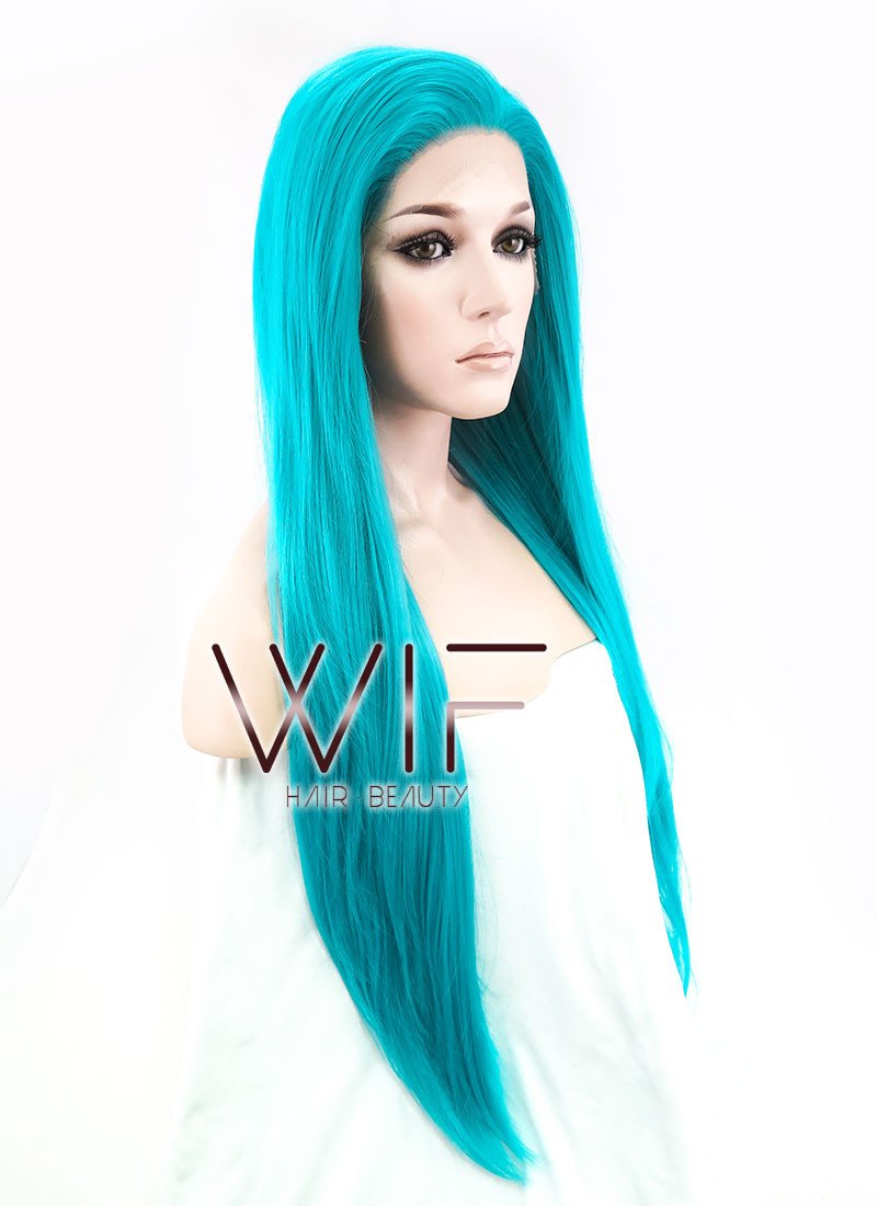 28" Long Wavy Turquoise Blue Customizable Made-To-Order Lace Front Synthetic Hair Wig LF714A