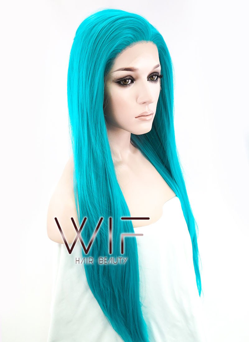 28" Long Wavy Turquoise Blue Customizable Made-To-Order Lace Front Synthetic Hair Wig LF714A
