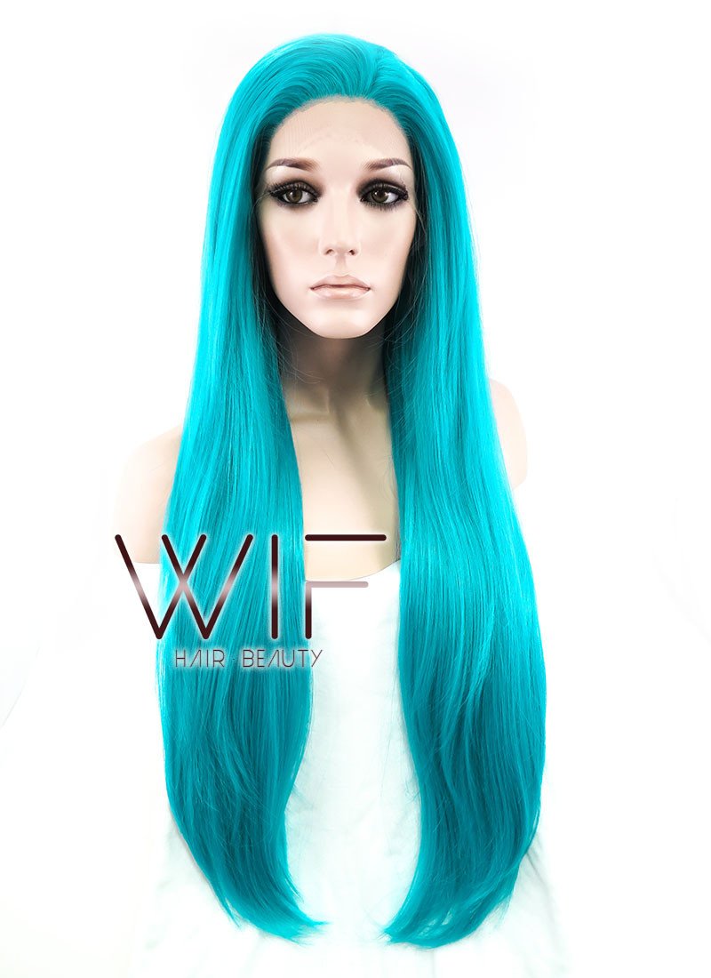 28" Long Wavy Turquoise Blue Customizable Made-To-Order Lace Front Synthetic Hair Wig LF714A