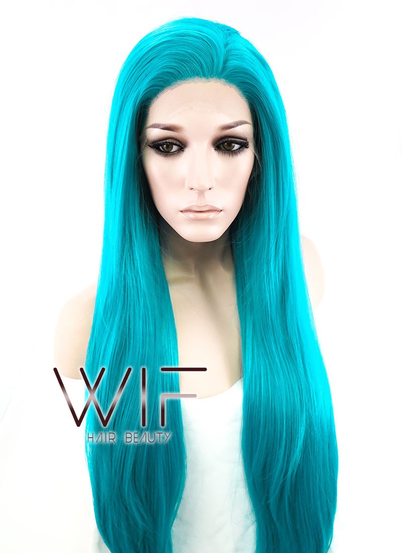 28" Long Wavy Turquoise Blue Customizable Made-To-Order Lace Front Synthetic Hair Wig LF714A