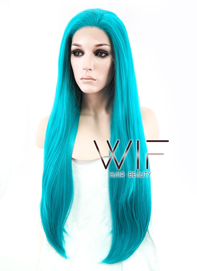 28" Long Wavy Turquoise Blue Customizable Made-To-Order Lace Front Synthetic Hair Wig LF714A