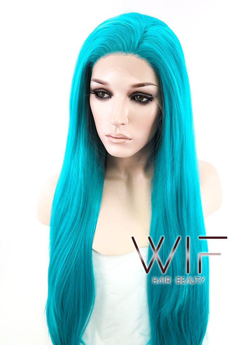 28" Long Wavy Turquoise Blue Customizable Made-To-Order Lace Front Synthetic Hair Wig LF714A