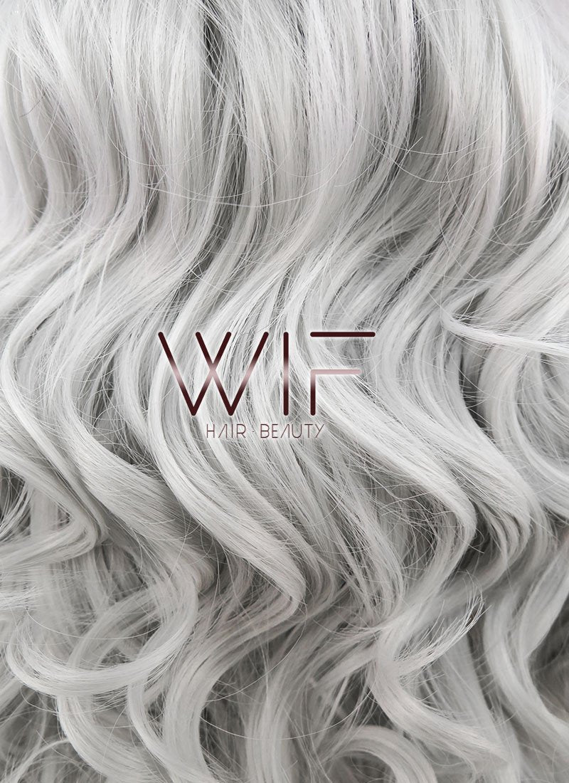 24" Long Curly Black Mixed Grey Ombre Customizable Made-To-Order Lace Front Synthetic Hair Wig LF734A
