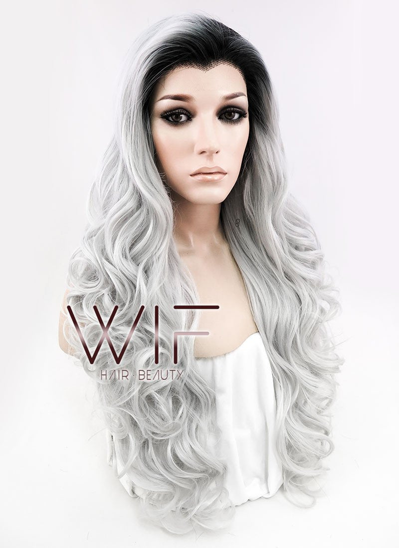 24" Long Curly Black Mixed Grey Ombre Customizable Made-To-Order Lace Front Synthetic Hair Wig LF734A