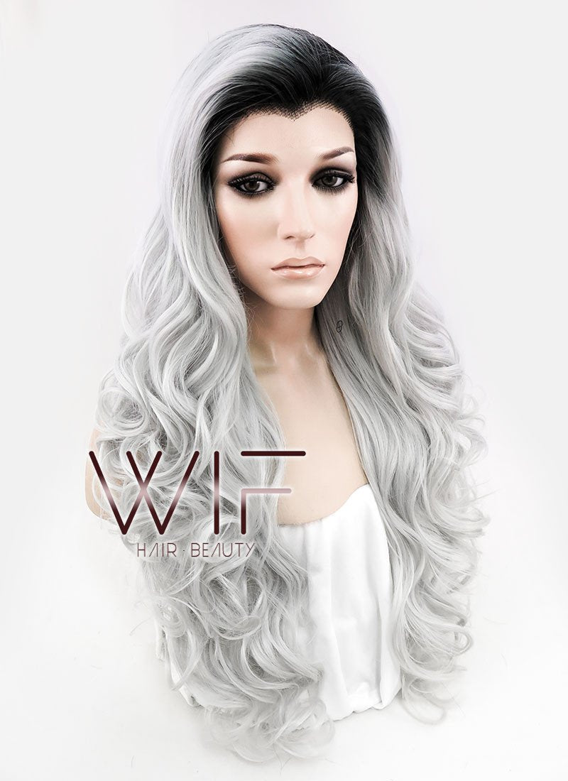 24" Long Curly Black Mixed Grey Ombre Customizable Made-To-Order Lace Front Synthetic Hair Wig LF734A