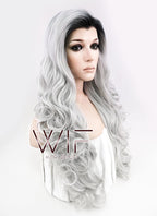 24" Long Curly Black Mixed Grey Ombre Customizable Made-To-Order Lace Front Synthetic Hair Wig LF734A