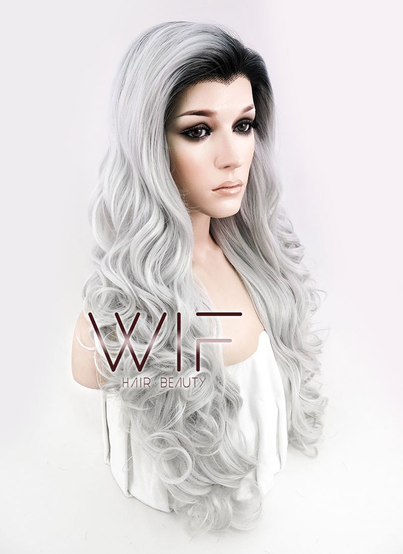 24" Long Curly Black Mixed Grey Ombre Customizable Made-To-Order Lace Front Synthetic Hair Wig LF734A